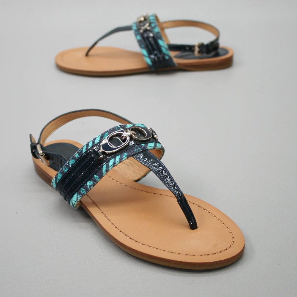Coach Ladies 6.5 B Sammy Thong Turquoise Blue Zebra Ankle Strap Sandals - A0896